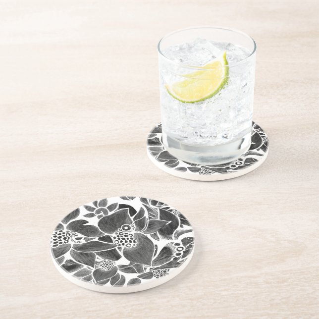 Dessous De Verre En Grès Floral noir blanc (Côté)