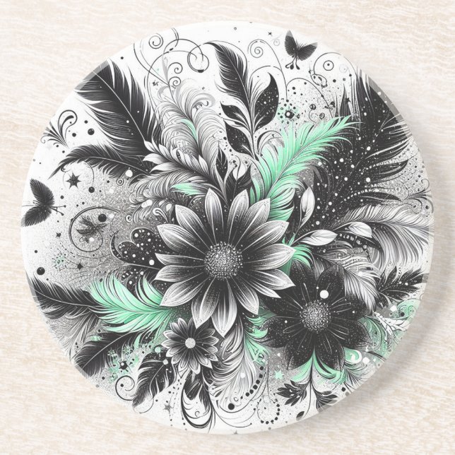 Dessous De Verre En Grès Floral noir et vert (Devant)