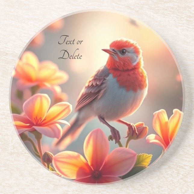 Dessous de verre en grès floral oiseau orange (Devant)