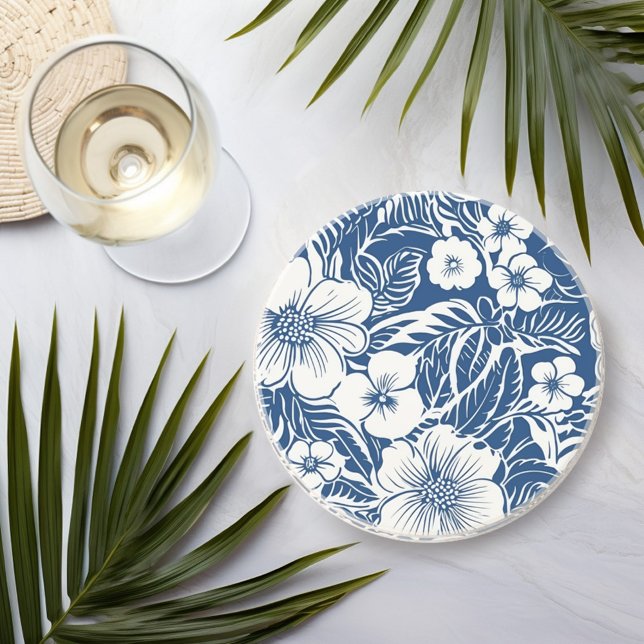 Dessous De Verre En Grès Flore tropicale en bleu et blanc (Créateur téléchargé)