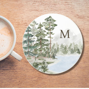 Dessous De Verre En Grès Forêt de pins verts et lac monogrammés