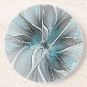 Dessous De Verre En Grès Fractal Floral Moderne Abstrait Fleur Bleu Gris