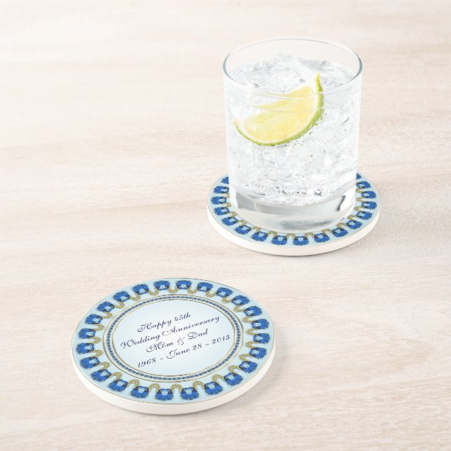 Dessous De Verre En Grès Gold Sapphire Bleu 45e anniversaire Mariage (Côté)
