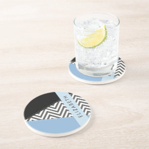 Dessous De Verre En Grès Grey Zigzag, Grey Chevron, Bleu, Votre Nom