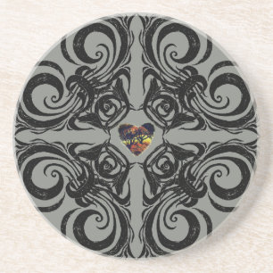 Dessous De Verre En Grès Gris foncé et noir Motif et petit coeur
