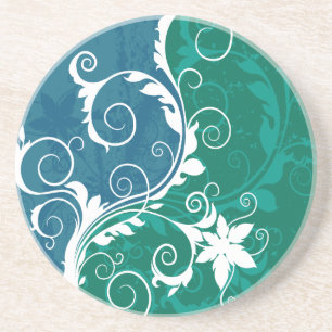 Dessous De Verre En Grès Grunge florale bleue et verte blanche