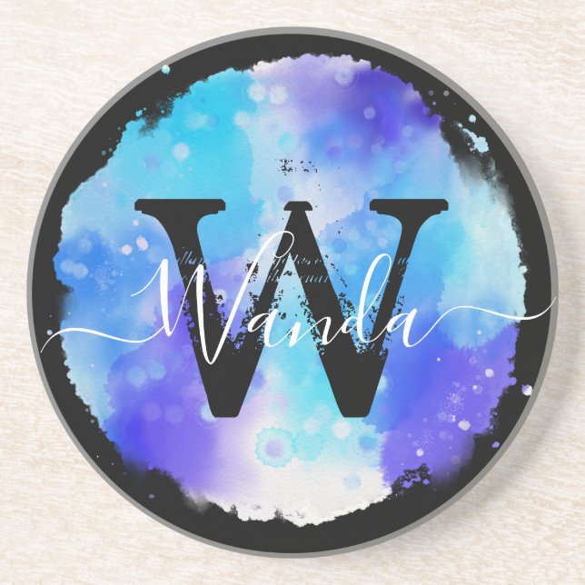 Dessous De Verre En Grès Grungey Blue Aquarelle Monogramme Calligraphie (Devant)