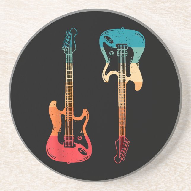 Dessous De Verre En Grès Guitare Rétro Guitariste Électrique Basse Guitare  (Devant)