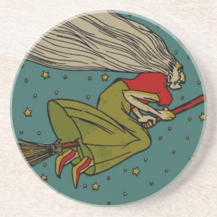 Dessous De Verre En Grès Halloween vintage, méchante sorcière volant sur un