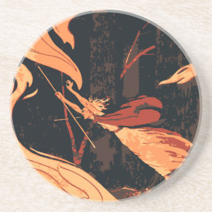 Dessous De Verre En Grès Halloween vintage, sorcière maléfique avec feu en 