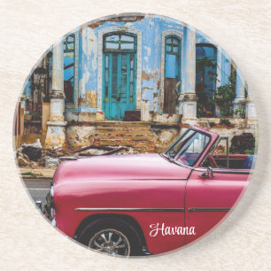 Dessous De Verre En Grès Havana Cuba Voiture rouge Vintage