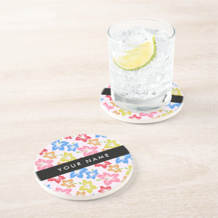 Dessous De Verre En Grès Hibiscus Coloré, Motif Floral, Votre Nom