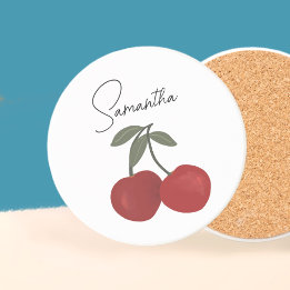 Dessous De Verre En Grès Illustration de deux cerises rouges | Art de fruit