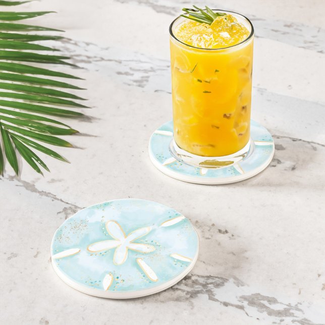 Dessous De Verre En Grès Illustration de l'aquarelle du coquillage de sable (Ocean Sand Dollar Seashell Watercolor Illustration Coaster)