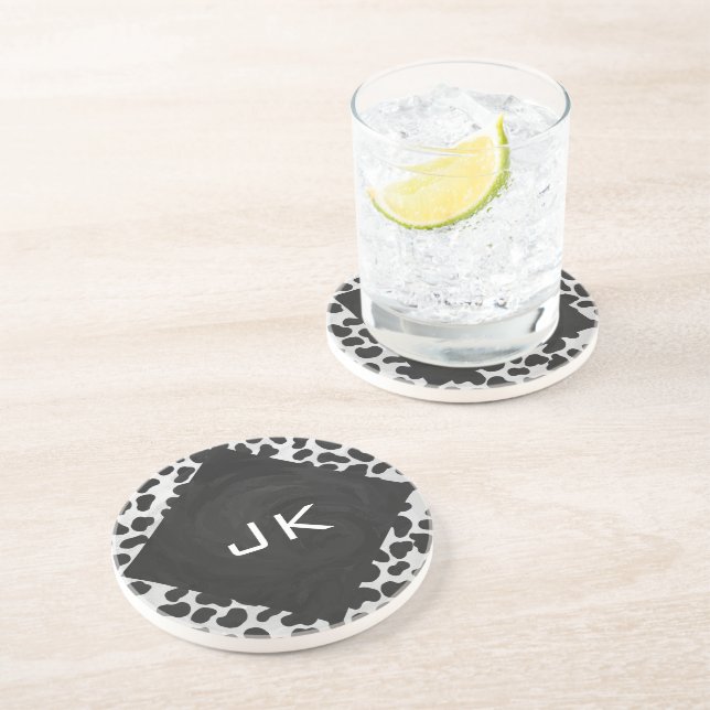 Dessous De Verre En Grès Imprimés noir et blanc au monogramme de dalmatien (Côté)