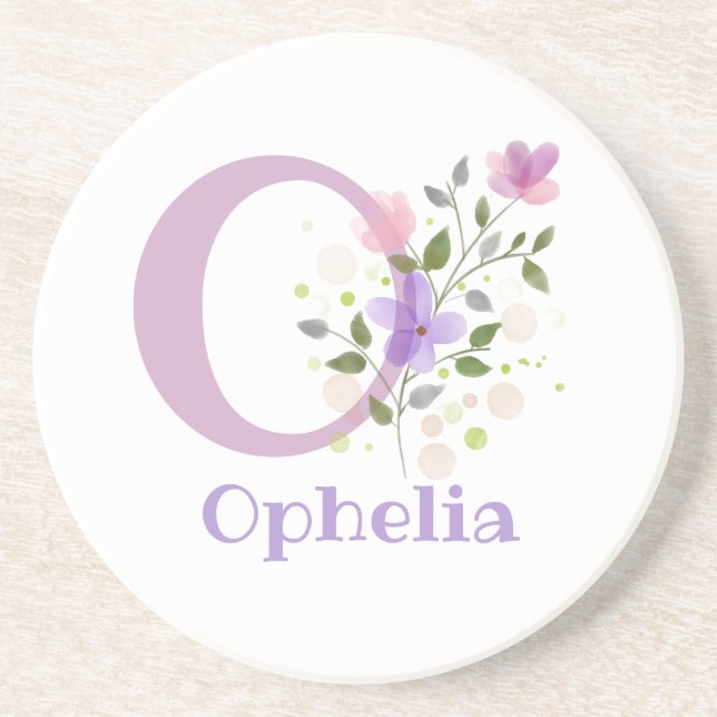 Dessous De Verre En Grès Initial Plus Nom & Fleurs Design (Devant)