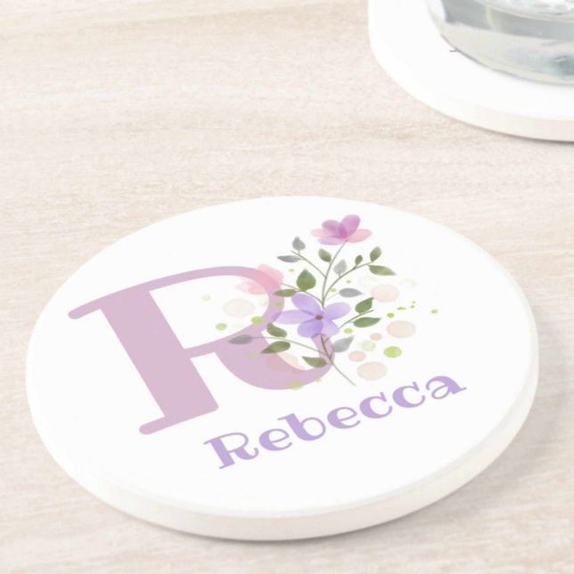 Dessous De Verre En Grès Initial Plus Nom & Fleurs Design (Créateur téléchargé)