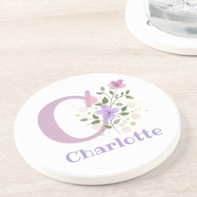 Dessous De Verre En Grès Initiale Plus Nom & Fleurs Design (Créateur téléchargé)