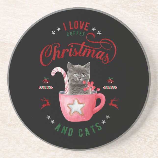 Dessous De Verre En Grès J'aime Café Noël et Chats Joyeux Salutations (Devant)