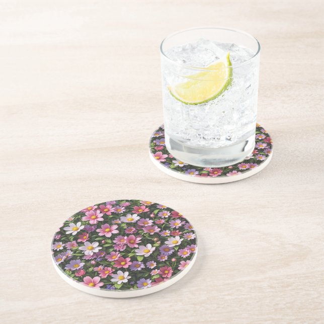 Dessous De Verre En Grès Jardin à fleurs rose et blanc (Côté)