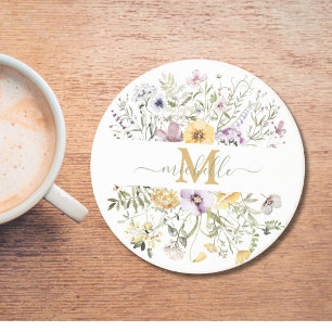 Dessous De Verre En Grès Jardin De Fleurs Sauvages Coloré Monogramme Élégan