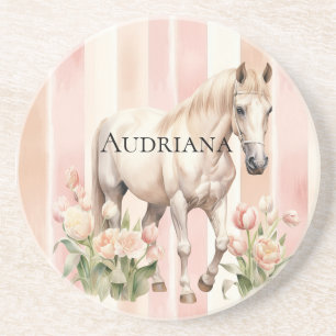 Dessous De Verre En Grès Joli Peach Pink Crème rayures Cheval
