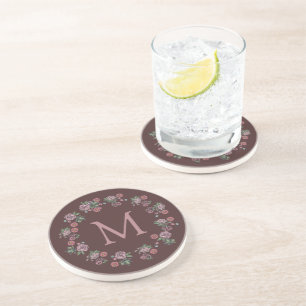 Dessous De Verre En Grès Joli rose Roses Wreath Monogramme