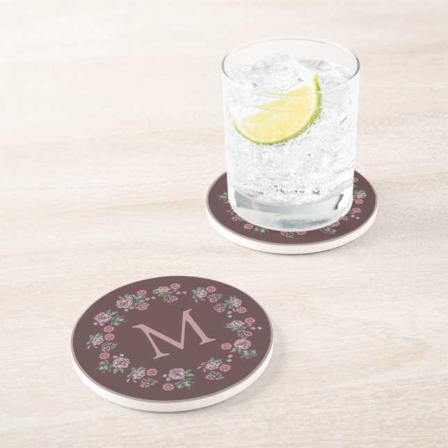 Dessous De Verre En Grès Joli rose Roses Wreath Monogramme (Côté)