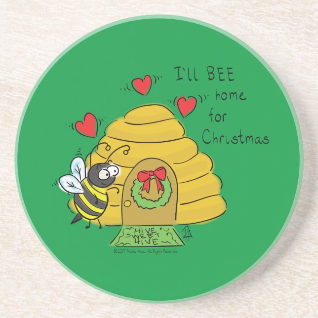 Dessous De Verre En Grès Jolie Bee Christmas Drôle Cartoon de vacances (Devant)