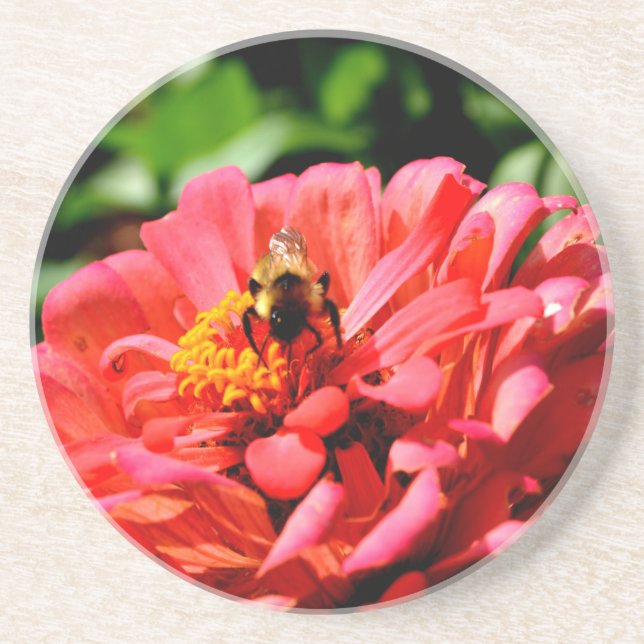 Dessous De Verre En Grès Jolie fleur rouge et abeille de miel (Devant)