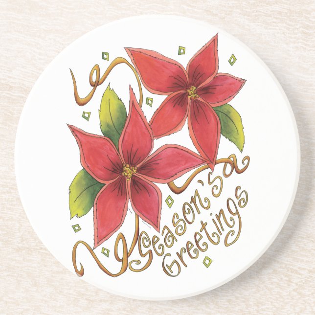 Dessous De Verre En Grès Jolies Bonnes Fêtes de Noël avec Poinsettias (Devant)