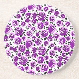 Dessous De Verre En Grès Jolis motifs de roses violettes blanches
