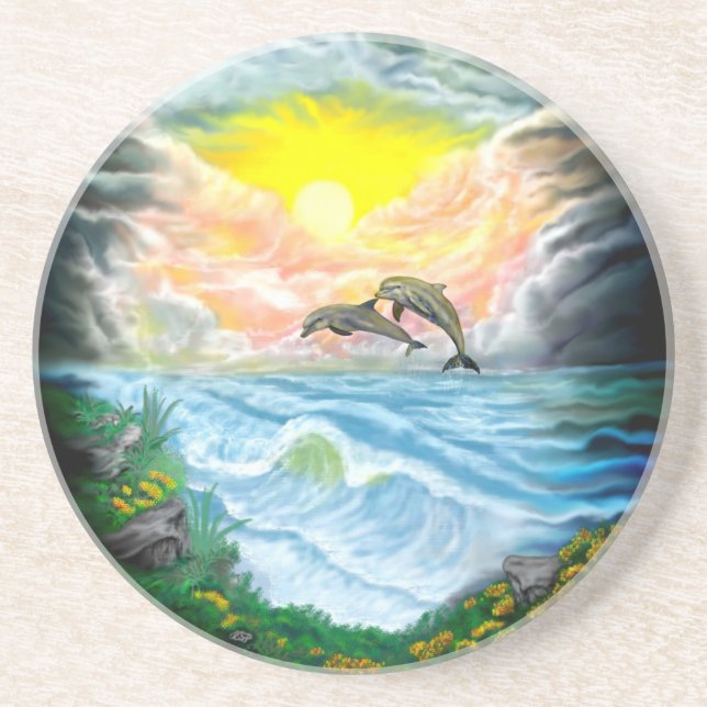 Dessous De Verre En Grès Jouer aux dauphins sous le soleil (Devant)