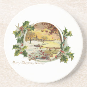 Dessous De Verre En Grès Joyeux voeux de Noël Scène Village Vintage