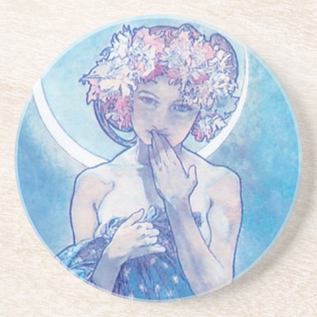Dessous De Verre En Grès "La Lune" de Mucha, Dessous de verre de grès bleu (Devant)