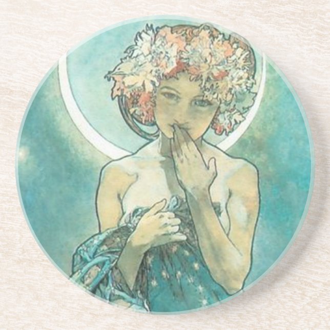 Dessous De Verre En Grès "La Lune" de Mucha, Dessous de verre de grès vert (Devant)