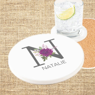 Dessous De Verre En Grès Lettre de monogramme Alphabet Floral Dahlia Bourgo