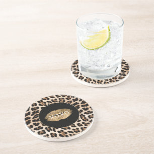 Dessous De Verre En Grès Lèvres dorées imprimé léopard XOXO
