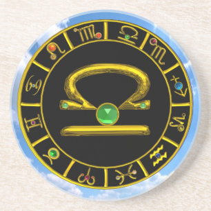 Dessous De Verre En Grès LIBRA ZODIAC ANNIVERSAIRE JEWEL Émeraude, Or et No
