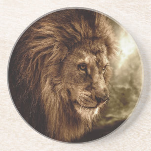 Dessous De Verre En Grès Lion contre le ciel orageux