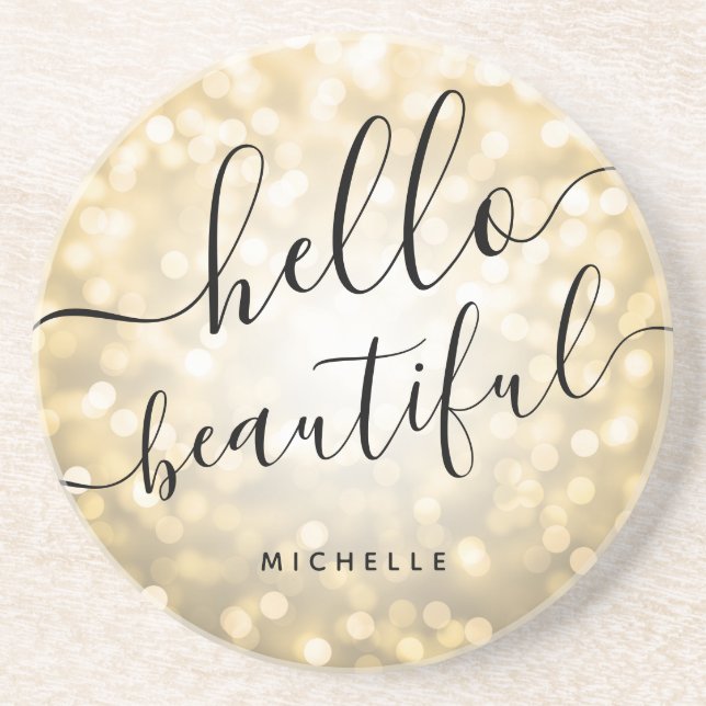 Dessous De Verre En Grès Lumières Mod Gold personnalisées "Bonjour belle" (Devant)