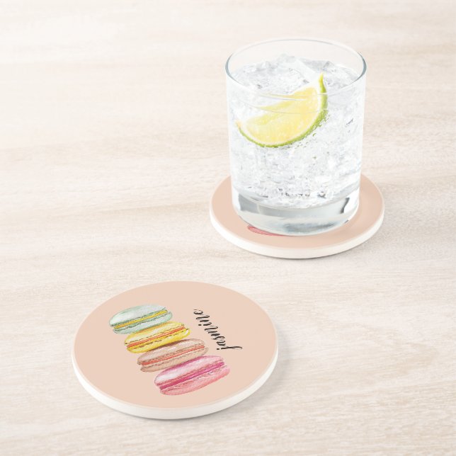 Dessous De Verre En Grès Macarons français Aquarelle Monogramme peint à la  (Côté)