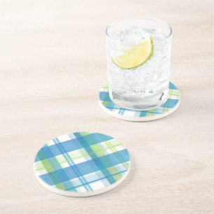 Dessous De Verre En Grès Madras Plaid Green et Blue