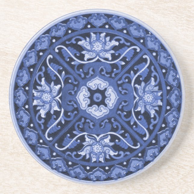 Dessous De Verre En Grès Mandala blanc et bleu chinois antique (Devant)