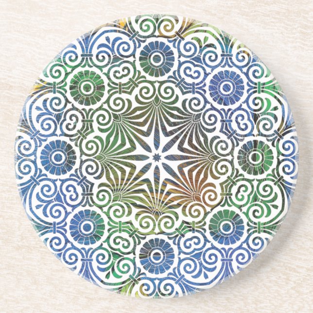 Dessous de verre en grès Mandala bleu et vert (Devant)