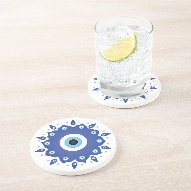 Dessous De Verre En Grès Mandala Grec Mal Oeil Bleu Blanc (Côté)