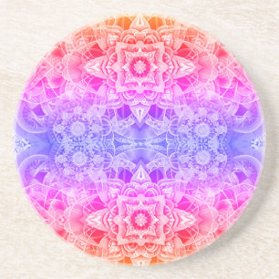 Dessous De Verre En Grès Mandala kaléidoscopique en bleu, jaune et rose