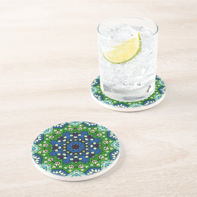 Dessous De Verre En Grès Mandala Mosaïque géométrique Vert Bleu Rétro Hippi (Côté)