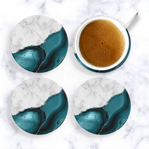 Dessous De Verre En Grès Marbre blanc agate bleu sarcelle paillettes argent