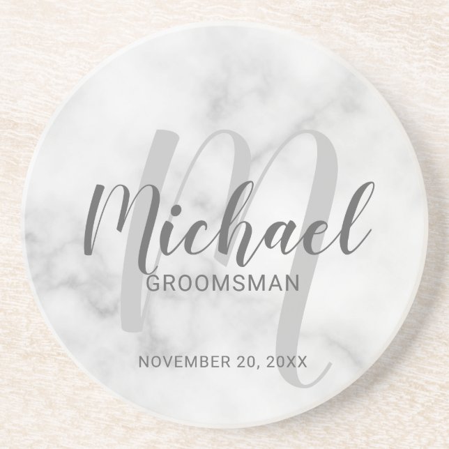 Dessous De Verre En Grès Marbre blanc Script moderne Groomsmen personnalisé (Devant)